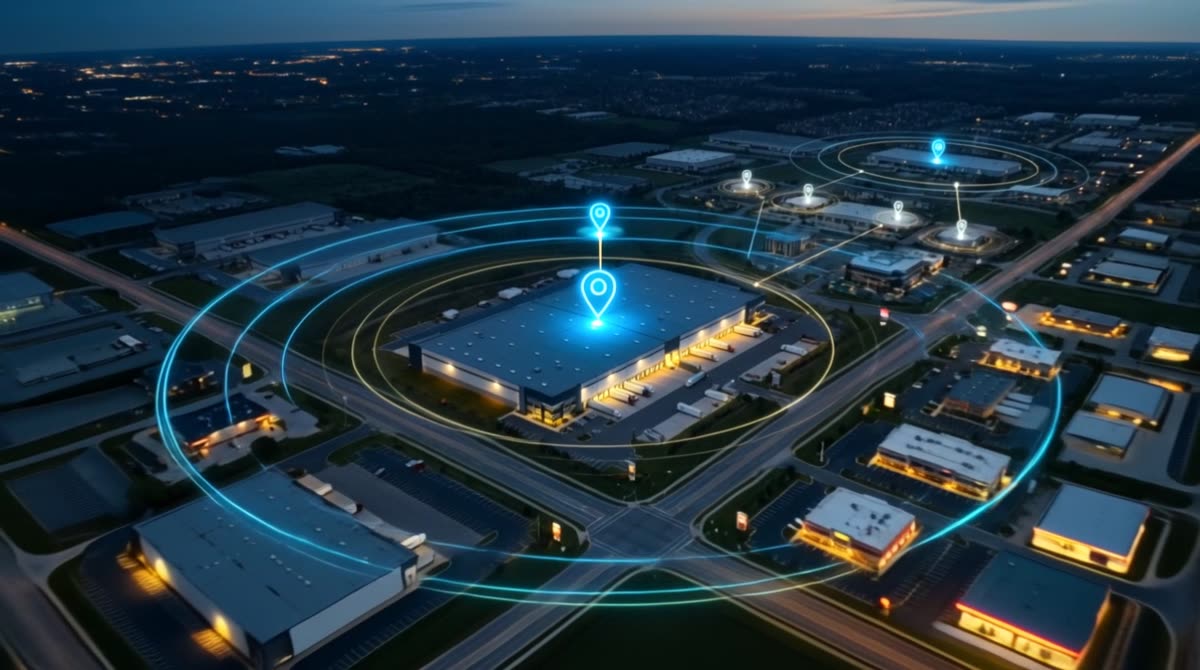 Aerial view of an industrial park in Central Florida at dusk