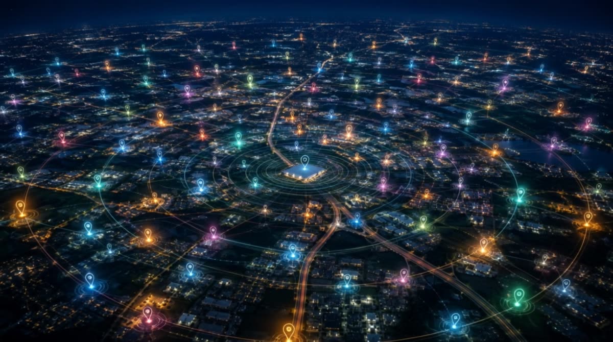 Night aerial map of industrial locations across a metro area